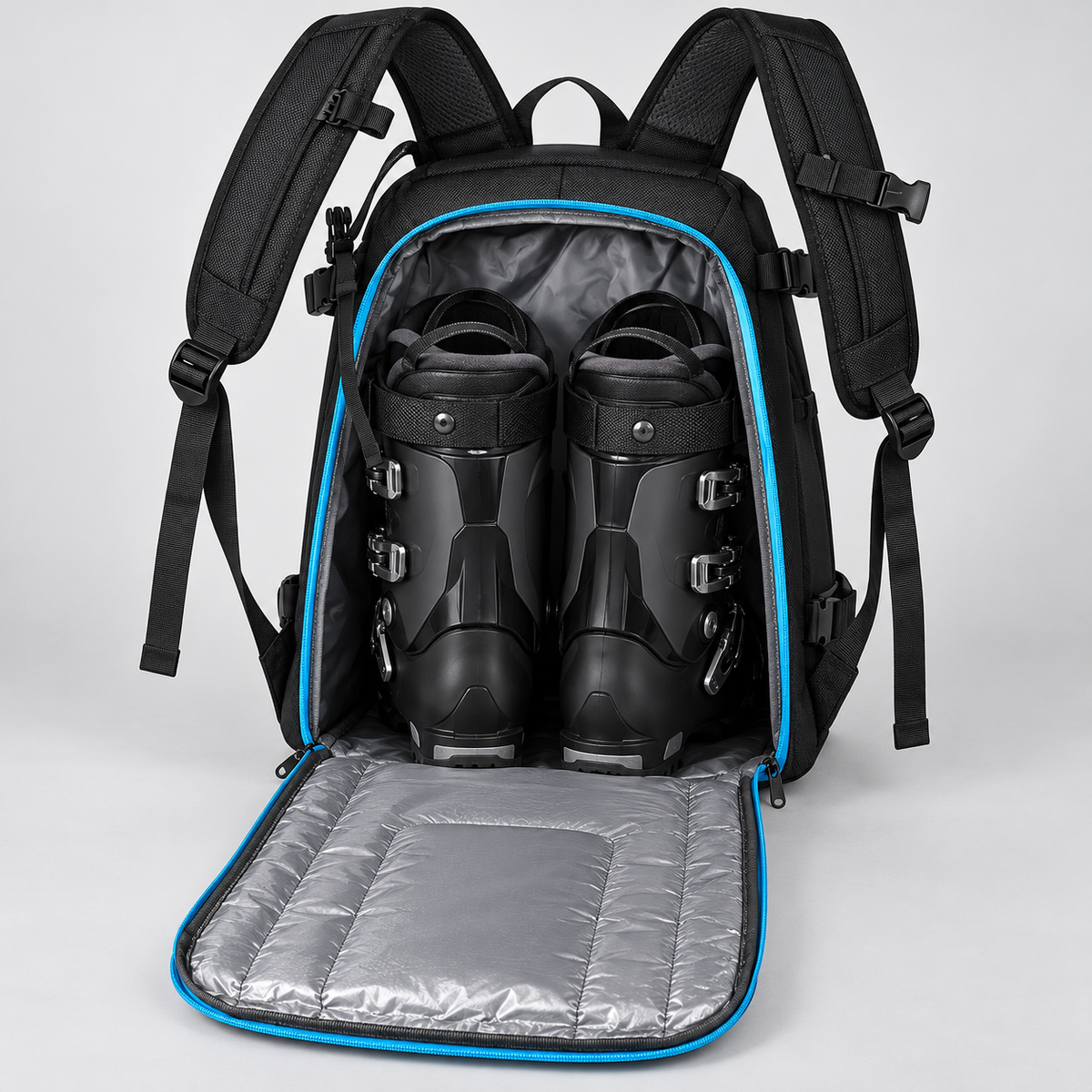 Rear compartment of the black and blue ski boot backpack open with two illustrative ski boots inside and the panel folded down; boots not included