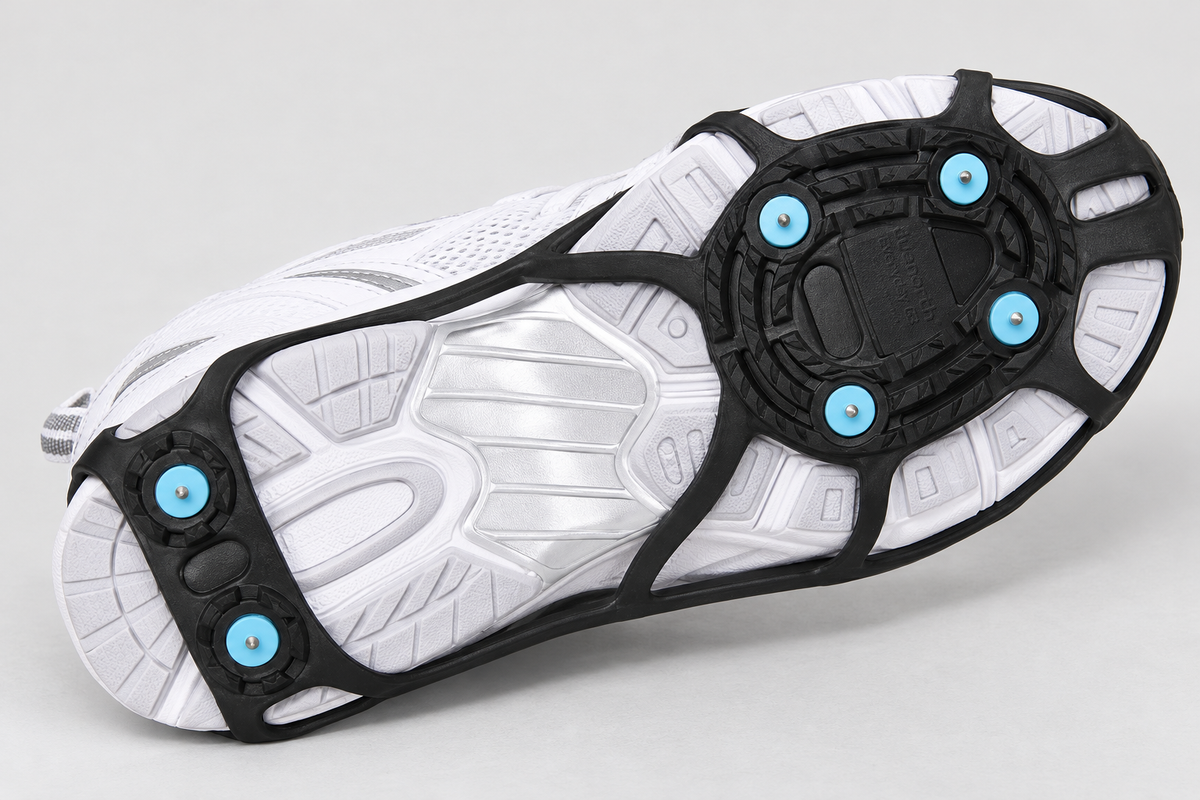 Underside of a black Due North Everyday G3 traction aid on a white athletic shoe, showing four forefoot spikes and two heel spikes.