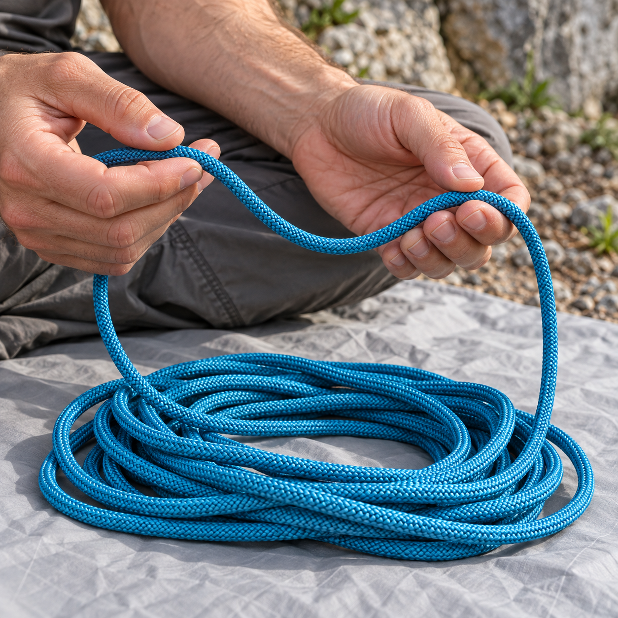 Hands handling a loose section of blue cordelette over a groundsheet at the base of a rock crag.