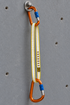 Representative yellow-and-white 11 mm sewn loop sling hanging between two screw-lock carabiners at a wall anchor hanger, shown unloaded; hardware is illustrative and not included.