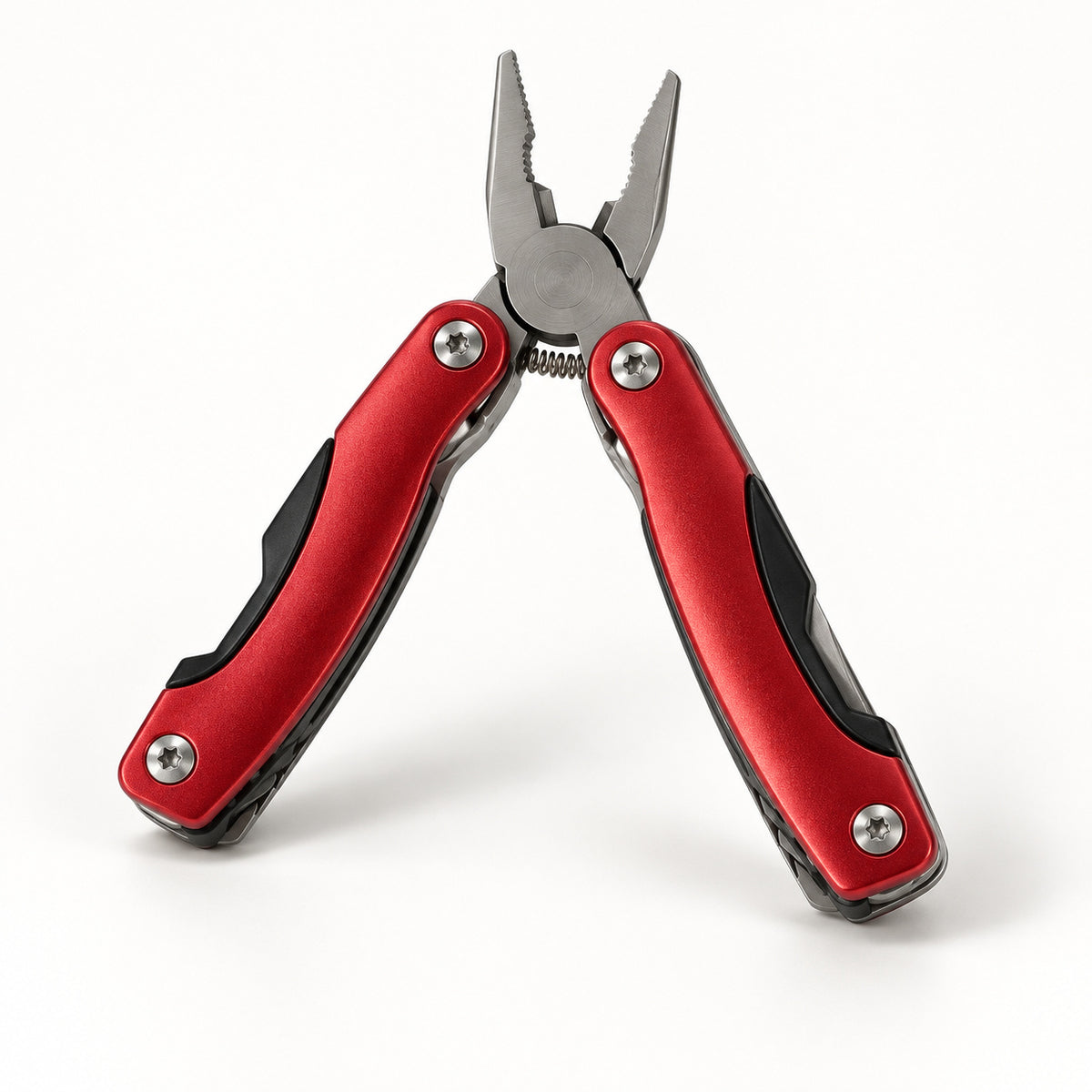 One red AceCamp multi tool with pliers deployed and other implements folded