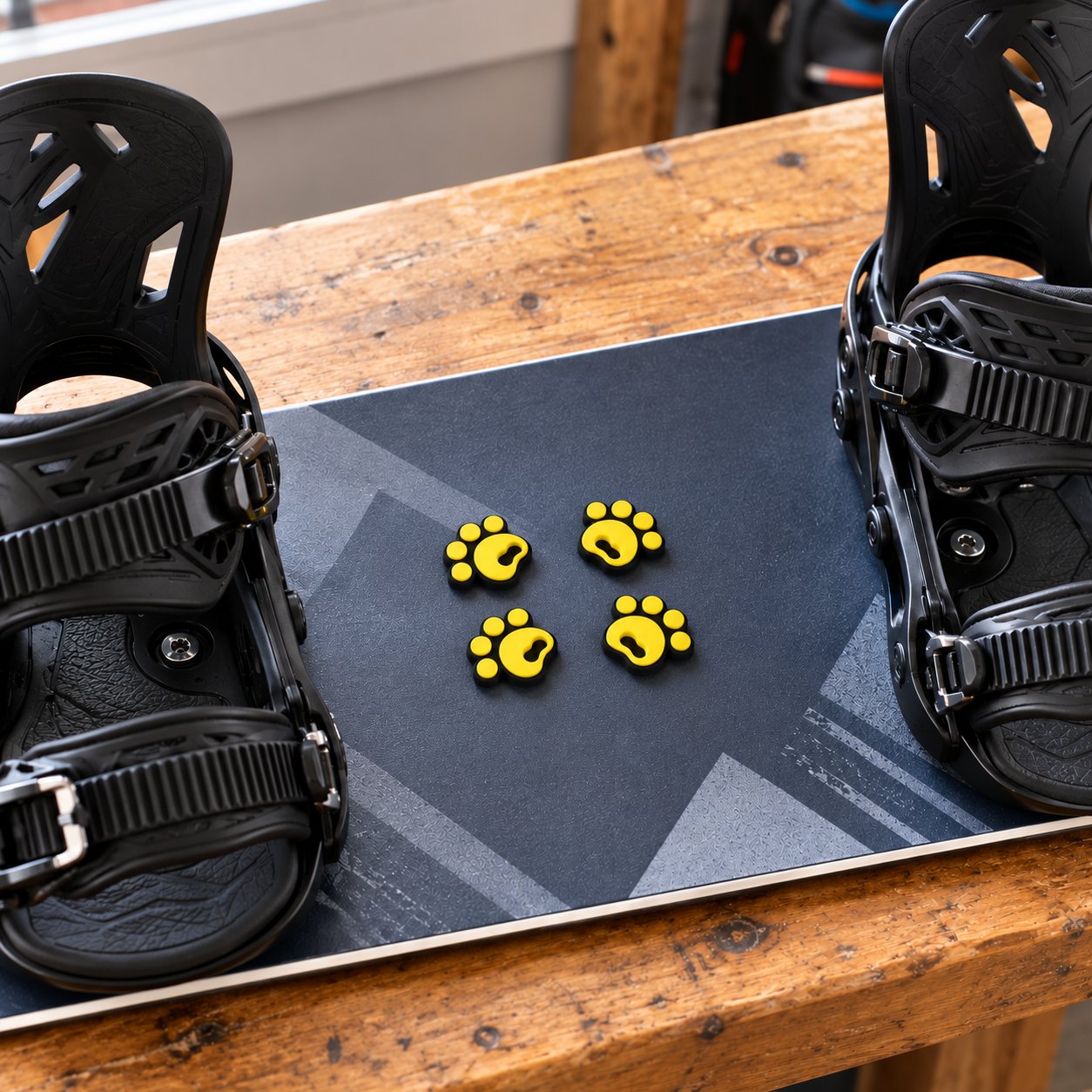Four yellow pawprint stomp pads mounted between the bindings on a snowboard deck
