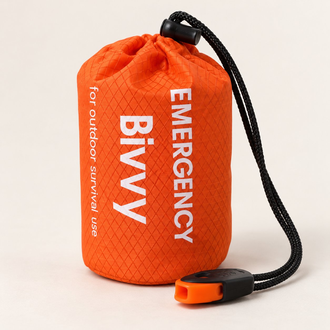 One orange packed bivy cover in a drawstring pouch with an orange-and-black whistle