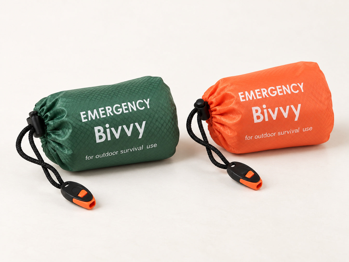 One orange and one green packed bivy cover in drawstring pouches with two orange-and-black whistles