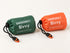 One orange and one green packed bivy cover in drawstring pouches with two orange-and-black whistles