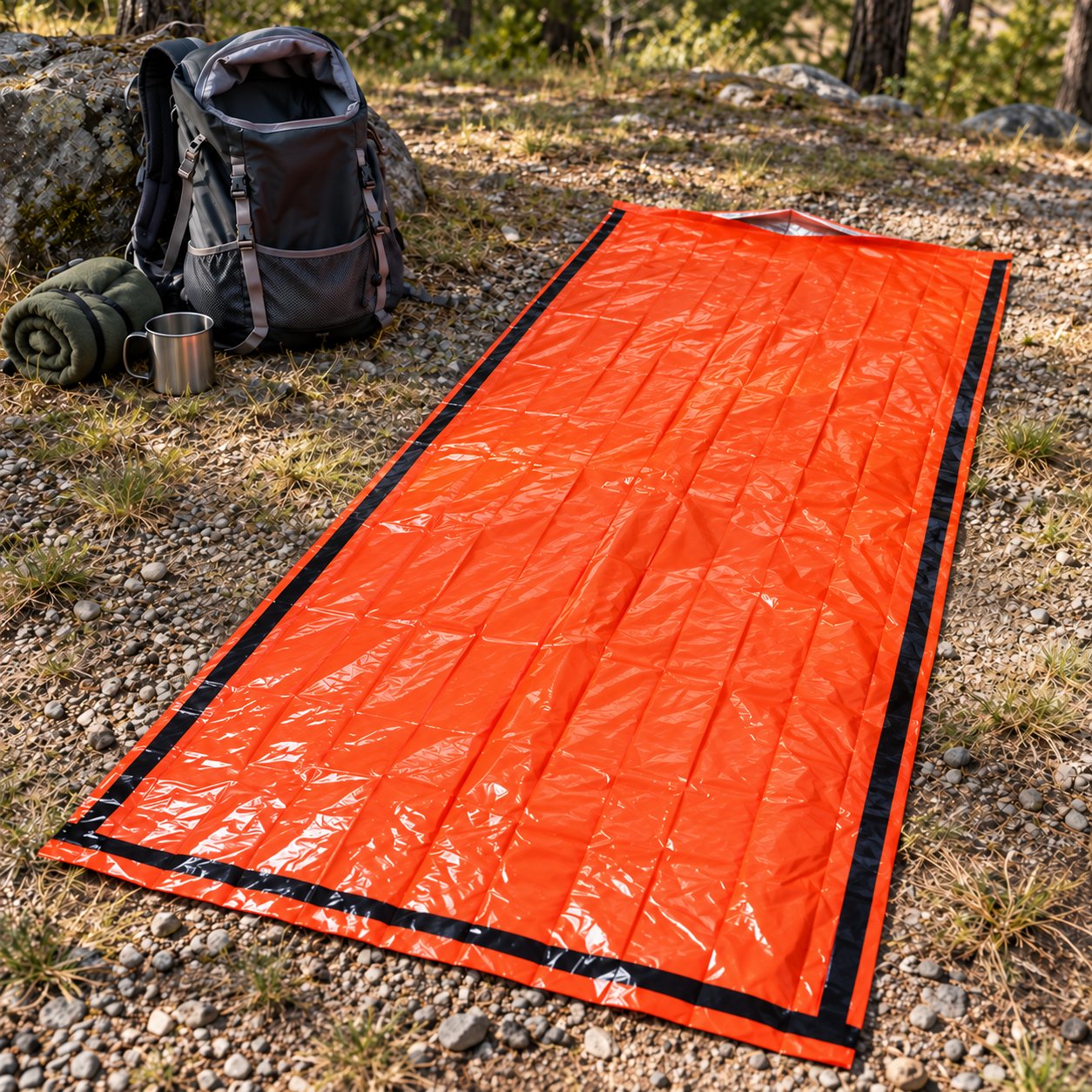 Orange thin-film bivy cover laid flat at a dry campsite beside a hiking backpack, rolled fleece and metal mug