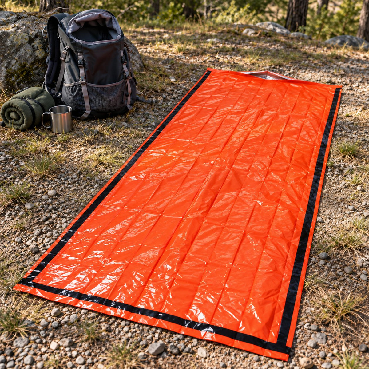 Orange thin-film bivy cover laid flat at a dry campsite beside a hiking backpack, rolled fleece and metal mug