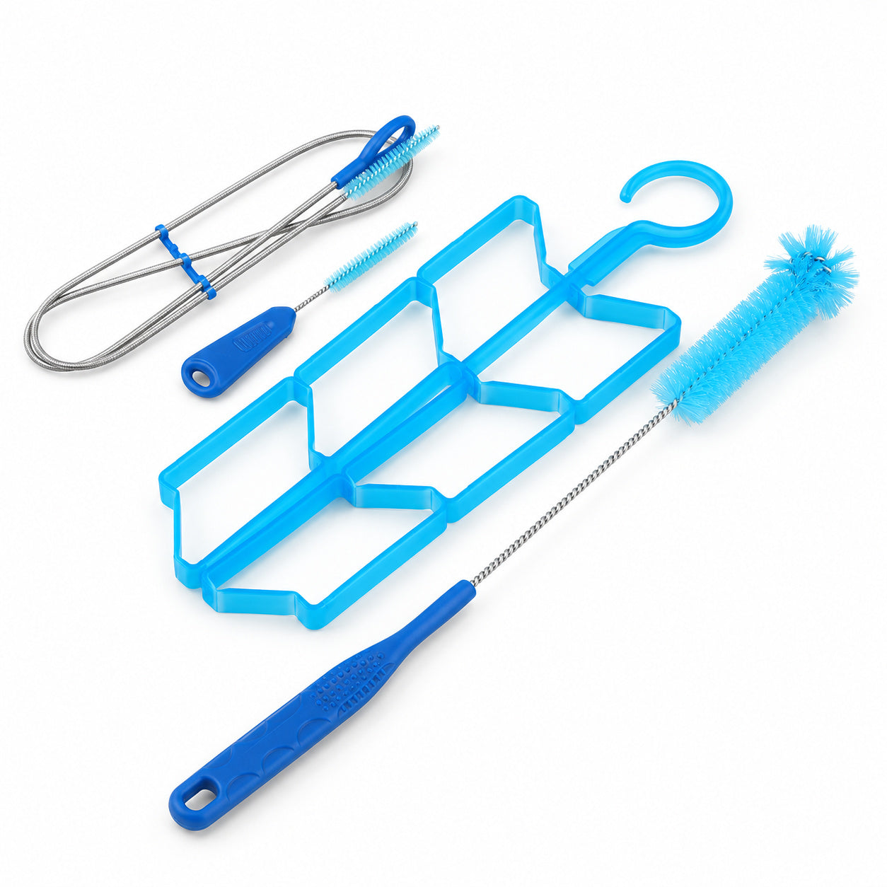 Alpex Reservoir Care Kit with three blue brushes and a cyan folding drying rack
