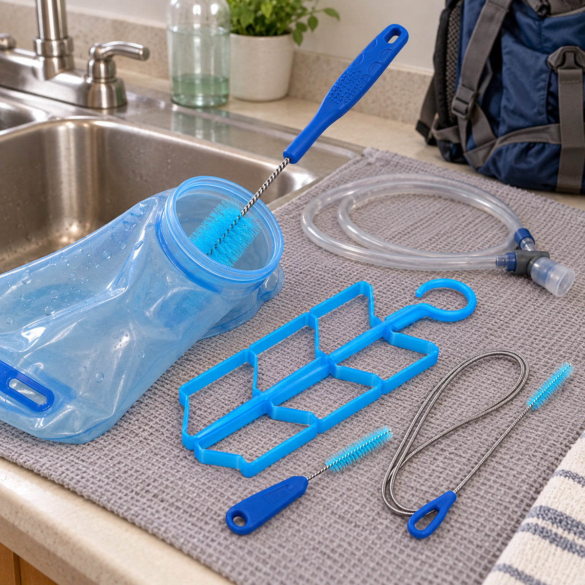 Three blue reservoir-cleaning brushes and a cyan drying rack beside an open hydration bladder and hose at a utility sink.