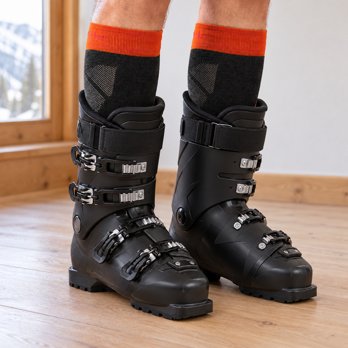 Bridgedale ski socks worn inside illustrative black ski boots, with orange cuffs visible above the collars.