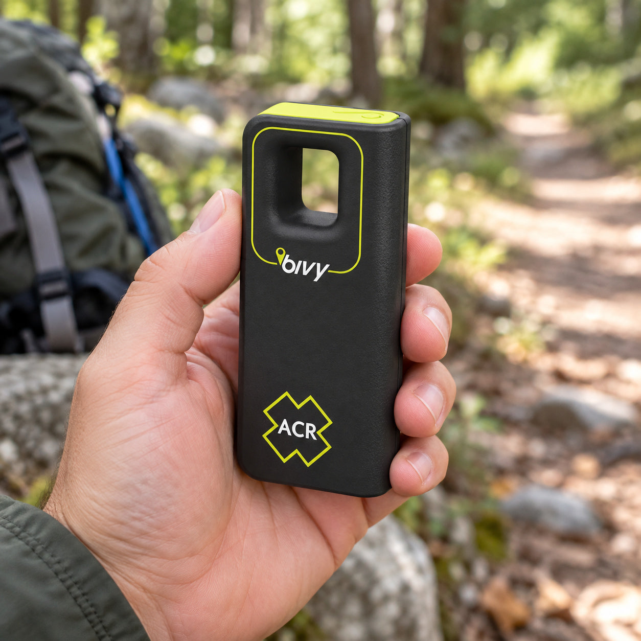Black and lime Bivy Stick satellite messenger held upright in one hand during a trail break, showing handheld scale and its front attachment aperture.