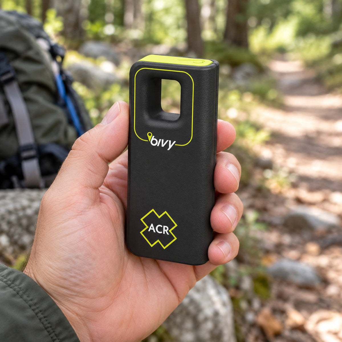 Black and lime Bivy Stick satellite messenger held upright in one hand during a trail break, showing handheld scale and its front attachment aperture.