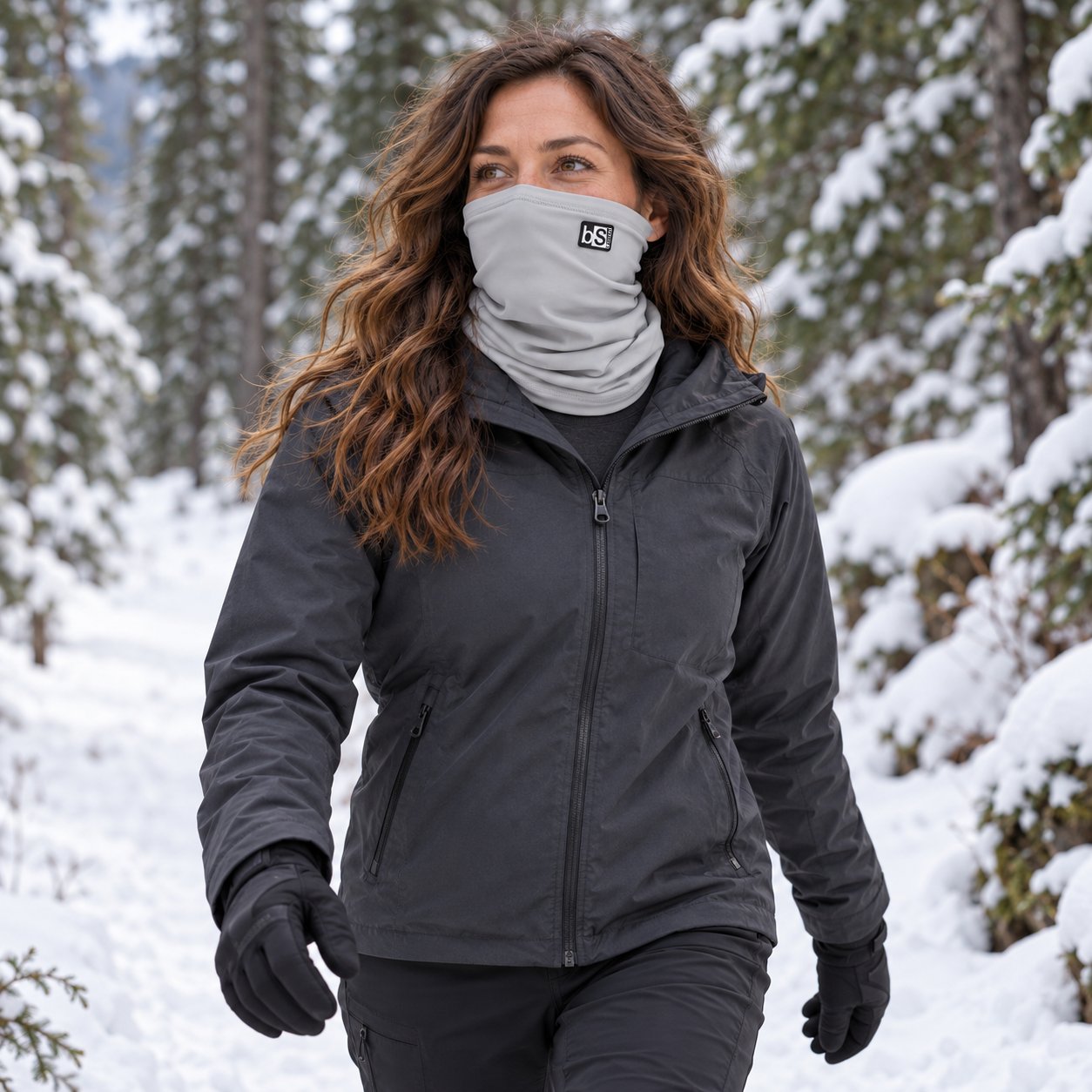 An adult winter hiking on a snowy forest trail with the Ash BlackStrap Dual Layer Tube covering her neck, mouth and nose.