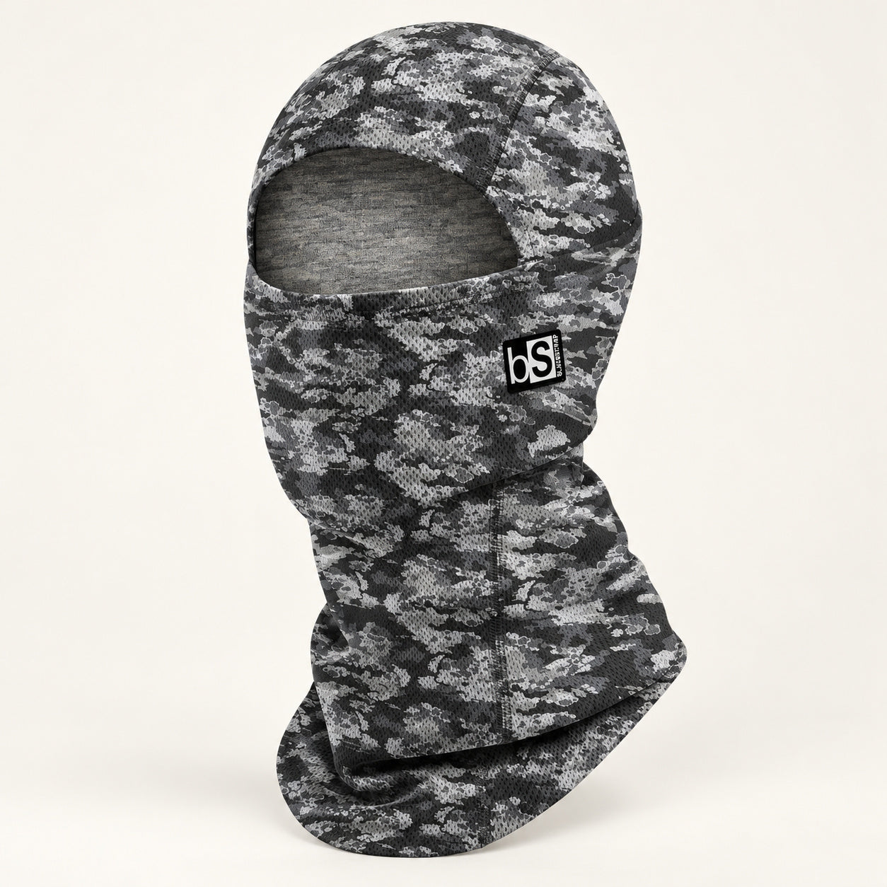BlackStrap Merino Hood in the gray Lunar Ash pattern.