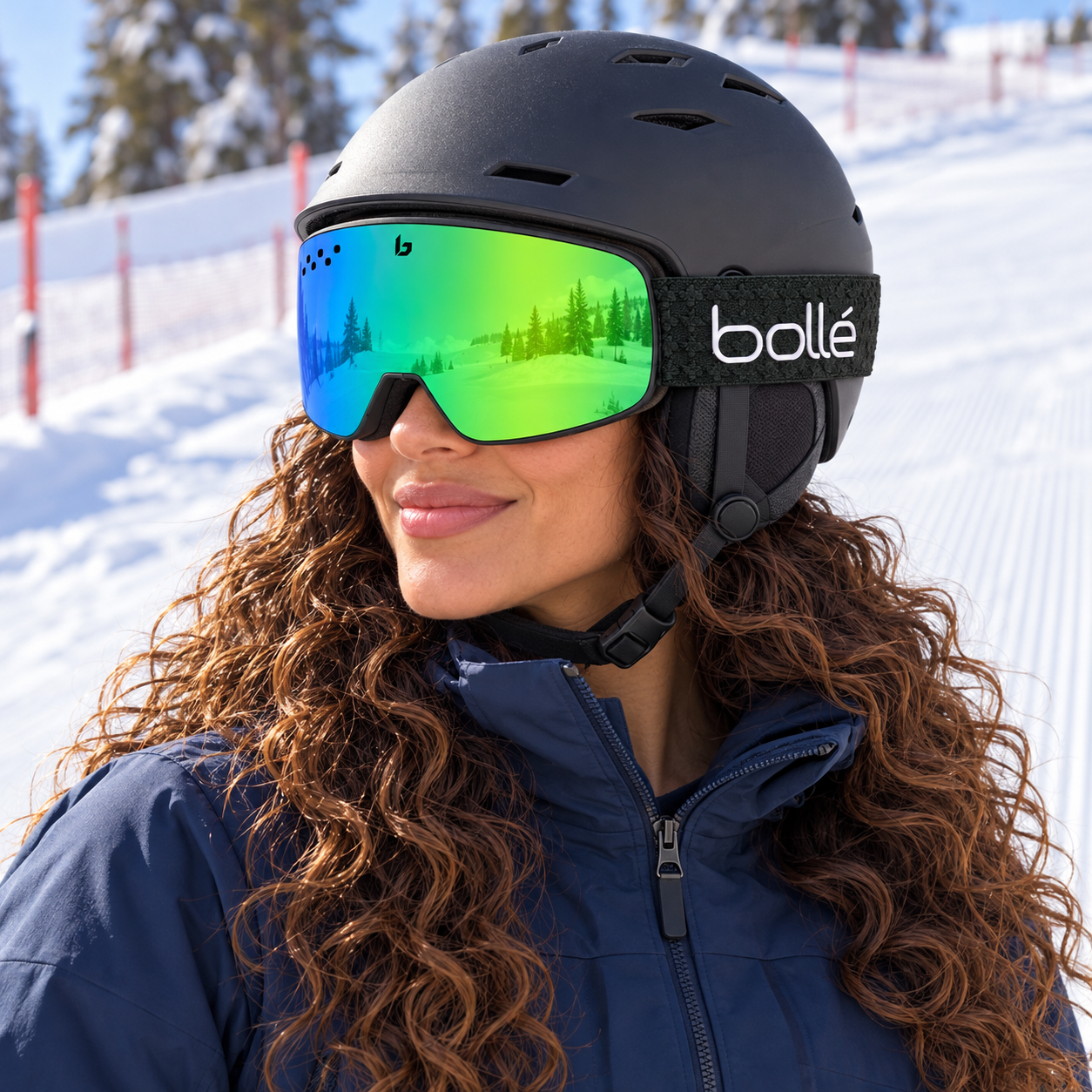 Woman wearing Forest Matte / Green Emerald Bollé Nevada goggles with a charcoal ski helmet and navy ski shell beside a groomed snow run.
