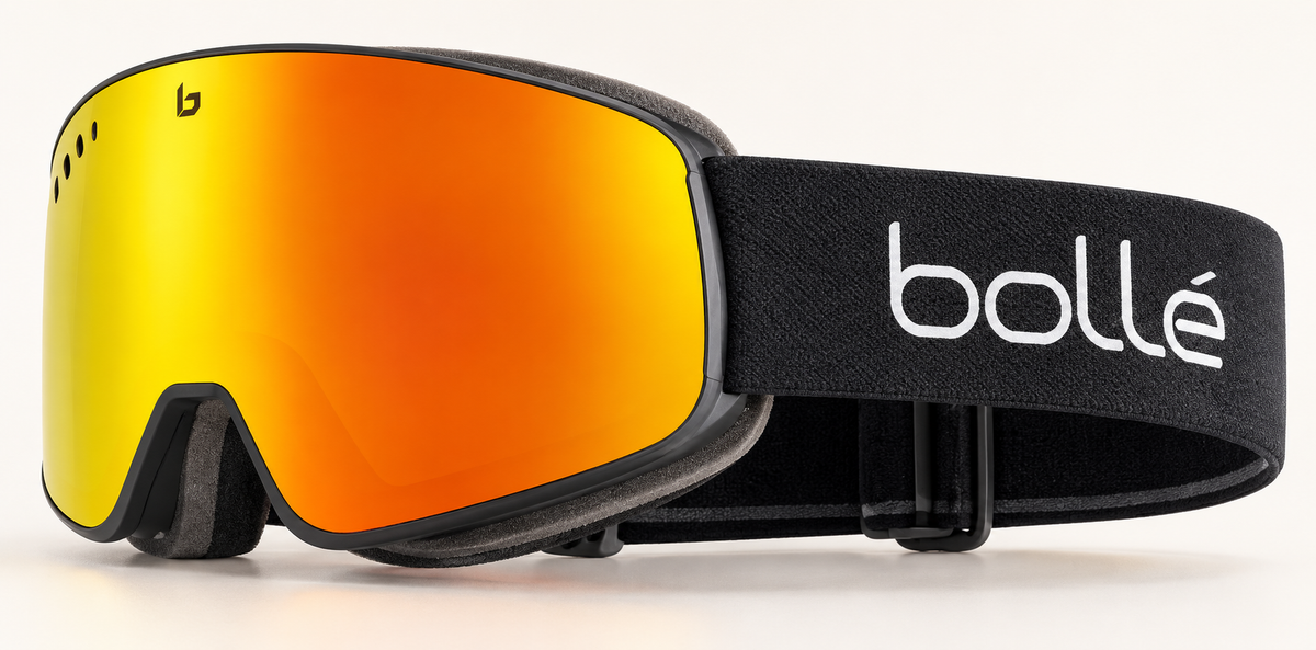 Bollé Nevada Black Matte goggles with the gold-orange Sunrise lens.