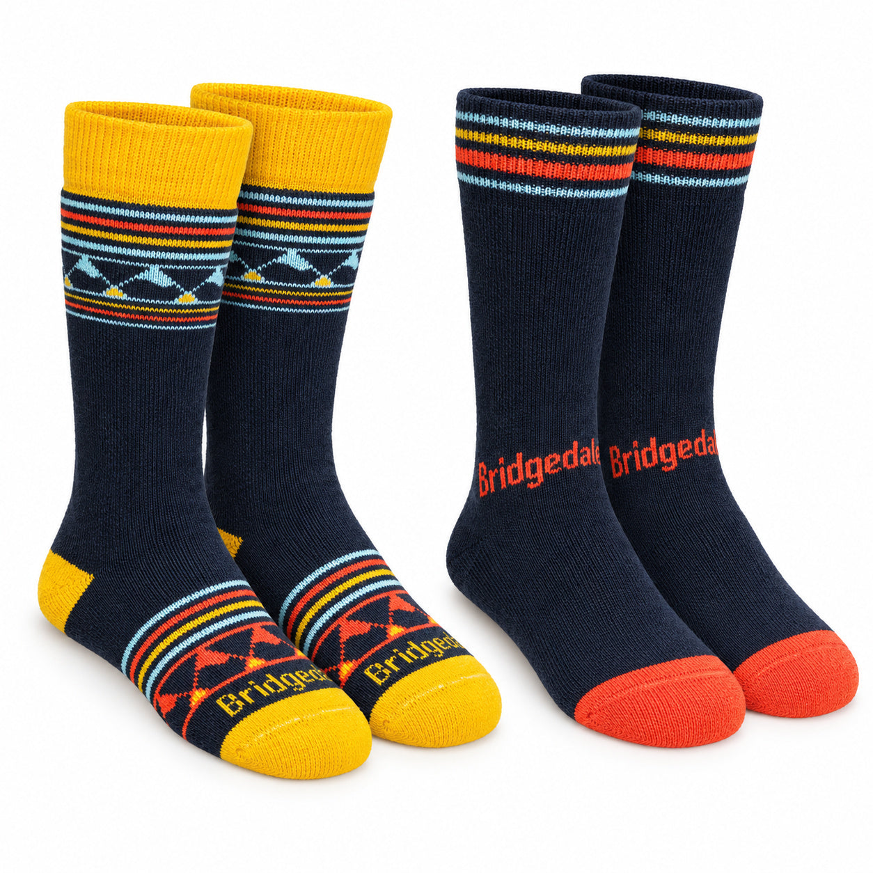 Bridgedale Blue/Yellow kids ski sock two-pack, shown as two matching pairs.