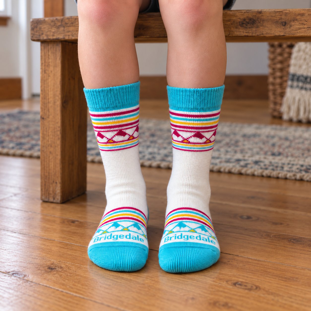A matching white and turquoise patterned pair from the Bridgedale kids ski sock two-pack, worn at home.