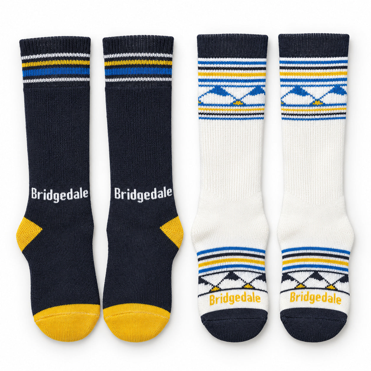 Bridgedale White/Blue kids ski sock two-pack, shown as two matching pairs.