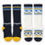 Bridgedale White/Blue kids ski sock two-pack, shown as two matching pairs.
