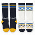 Bridgedale White/Blue kids ski sock two-pack, shown as two matching pairs.