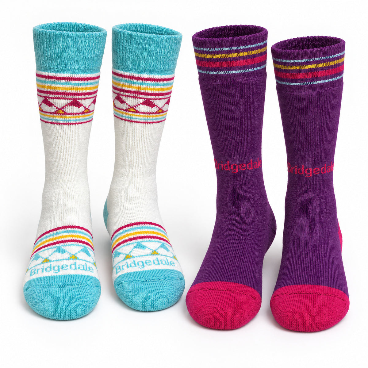Bridgedale White/Purple kids ski sock two-pack, shown as two matching pairs.