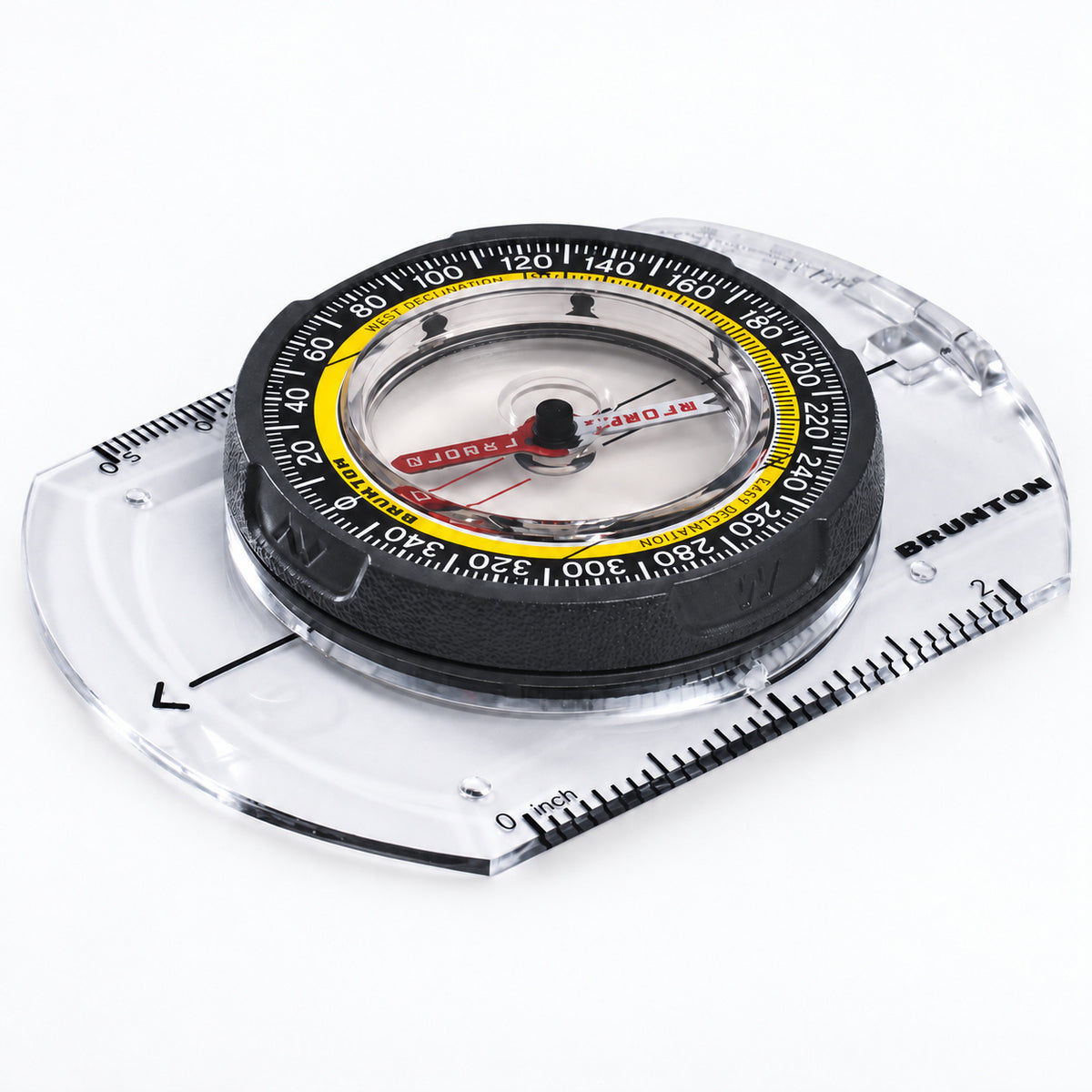 Brunton TruArc 3 compass with a clear baseplate, black bezel and yellow declination ring.