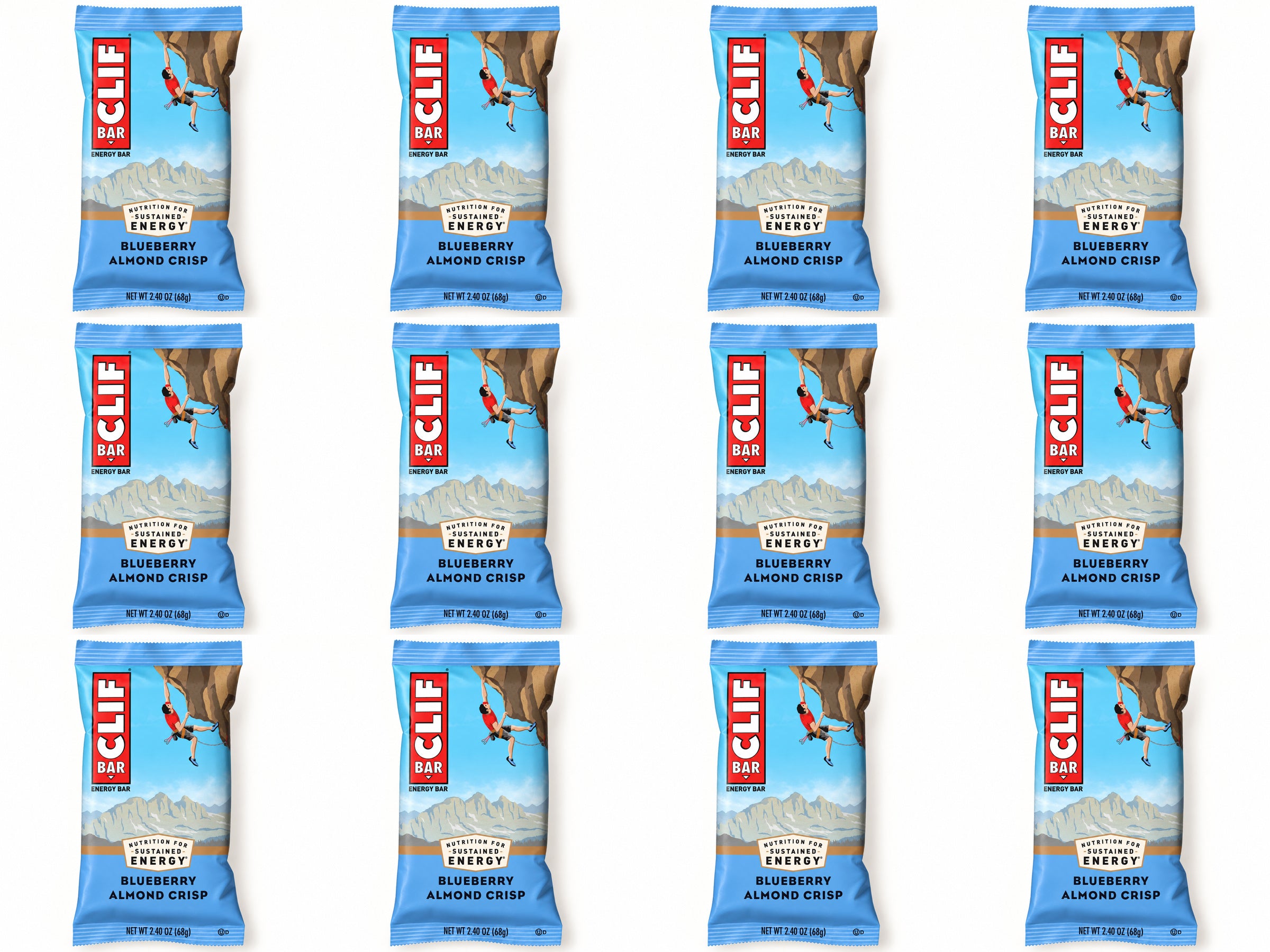 Twelve CLIF Blueberry Crisp bars, arranged in four columns and three rows.