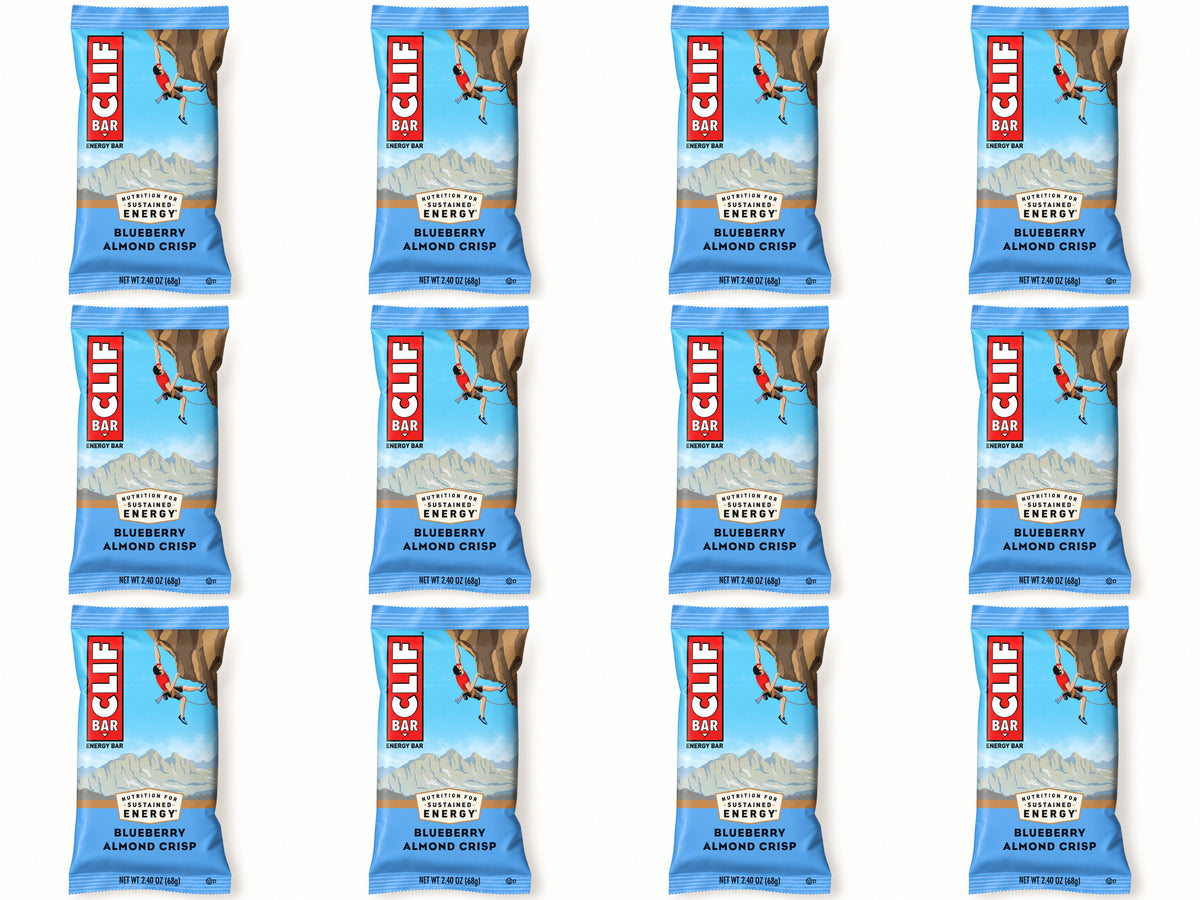Twelve CLIF Blueberry Crisp bars, arranged in four columns and three rows.