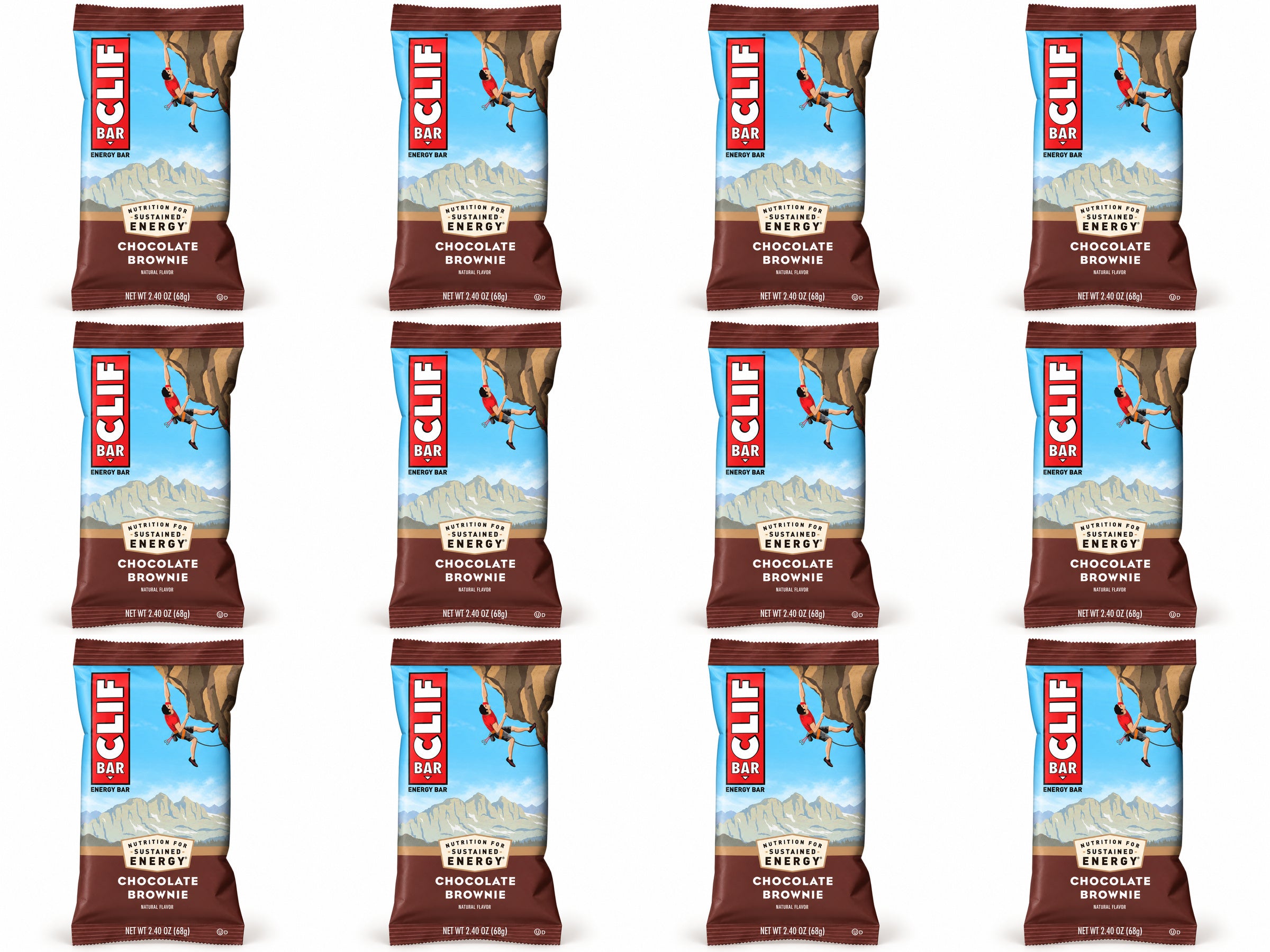 Twelve CLIF Chocolate Brownie bars, arranged in four columns and three rows.