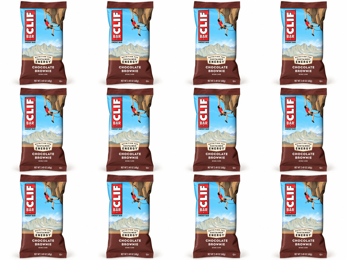 Twelve CLIF Chocolate Brownie bars, arranged in four columns and three rows.