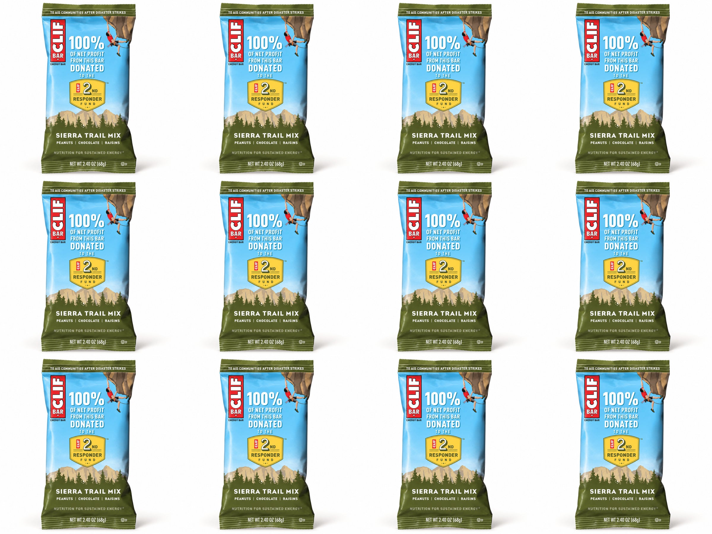 Twelve CLIF Trail Mix bars, arranged in four columns and three rows.