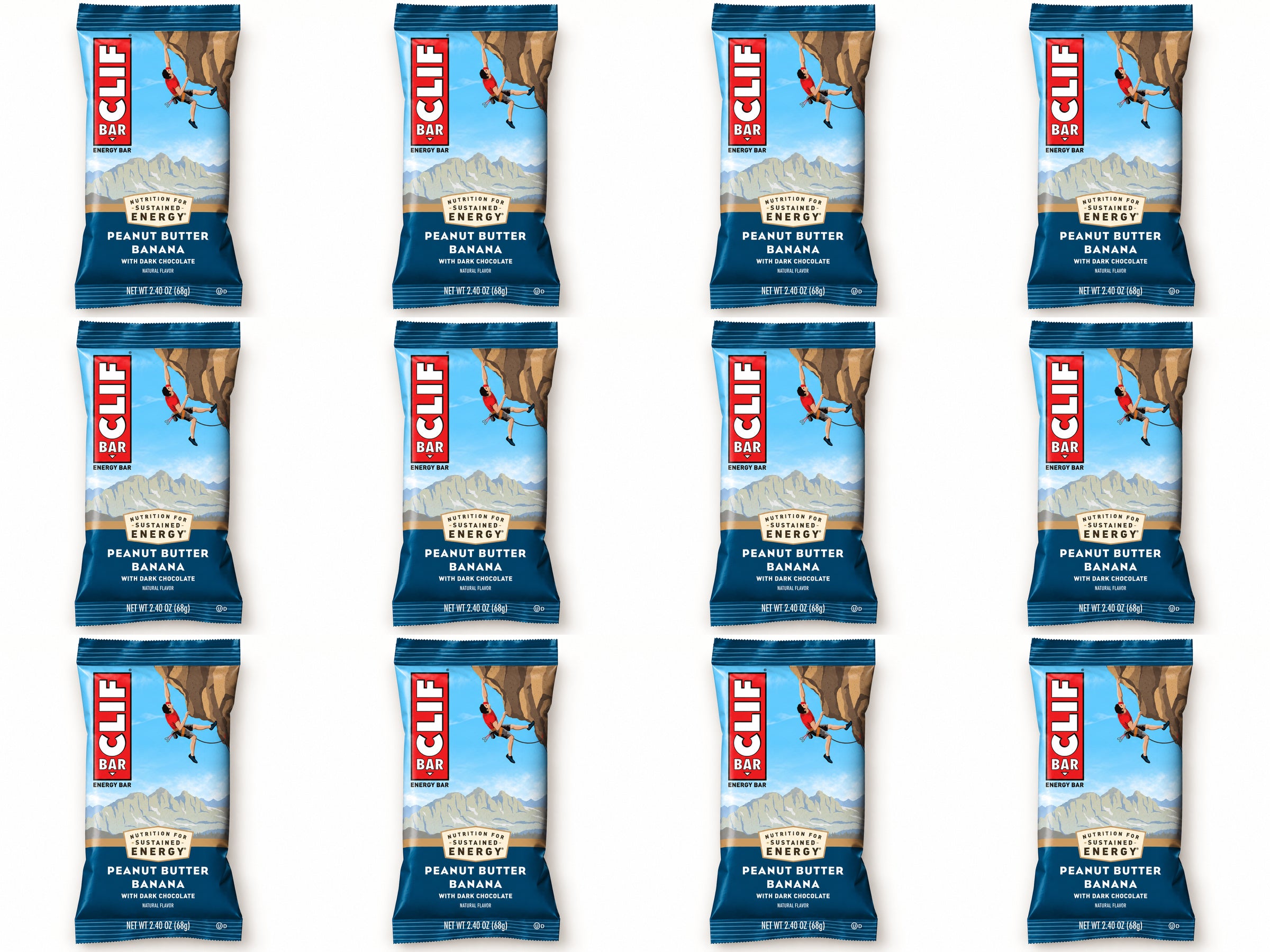 Twelve CLIF Peanut Butter Banana Dark Chocolate bars, arranged in four columns and three rows.