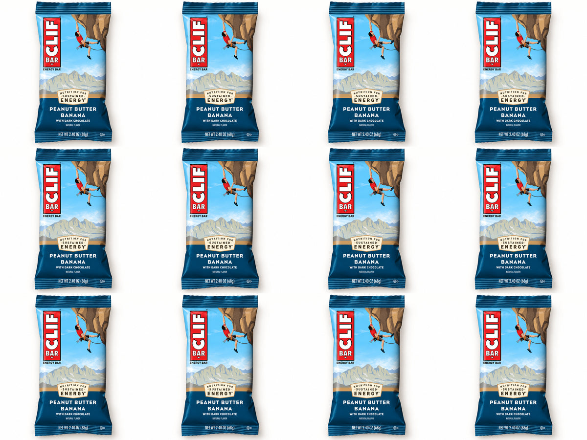 Twelve CLIF Peanut Butter Banana Dark Chocolate bars, arranged in four columns and three rows.