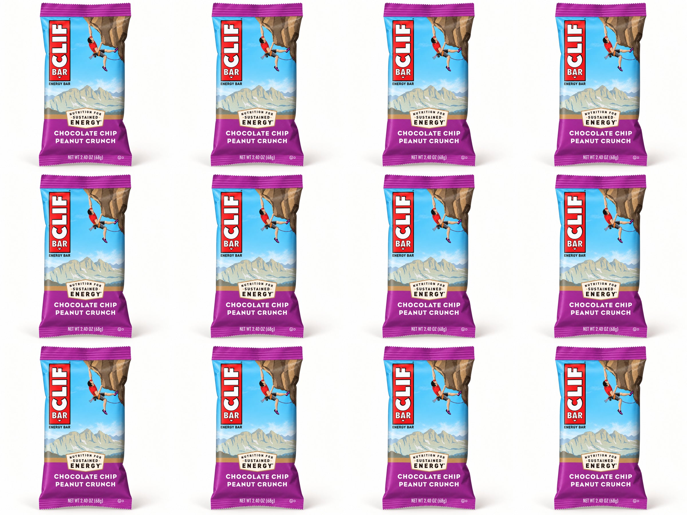 Twelve CLIF Chocolate Chip Peanut Crunch bars, arranged in four columns and three rows.