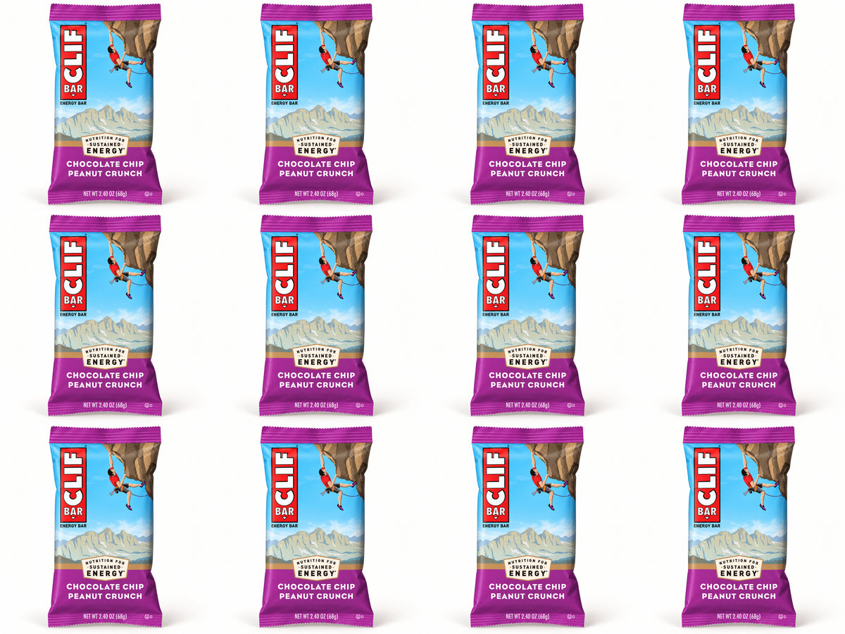 Twelve CLIF Chocolate Chip Peanut Crunch bars, arranged in four columns and three rows.