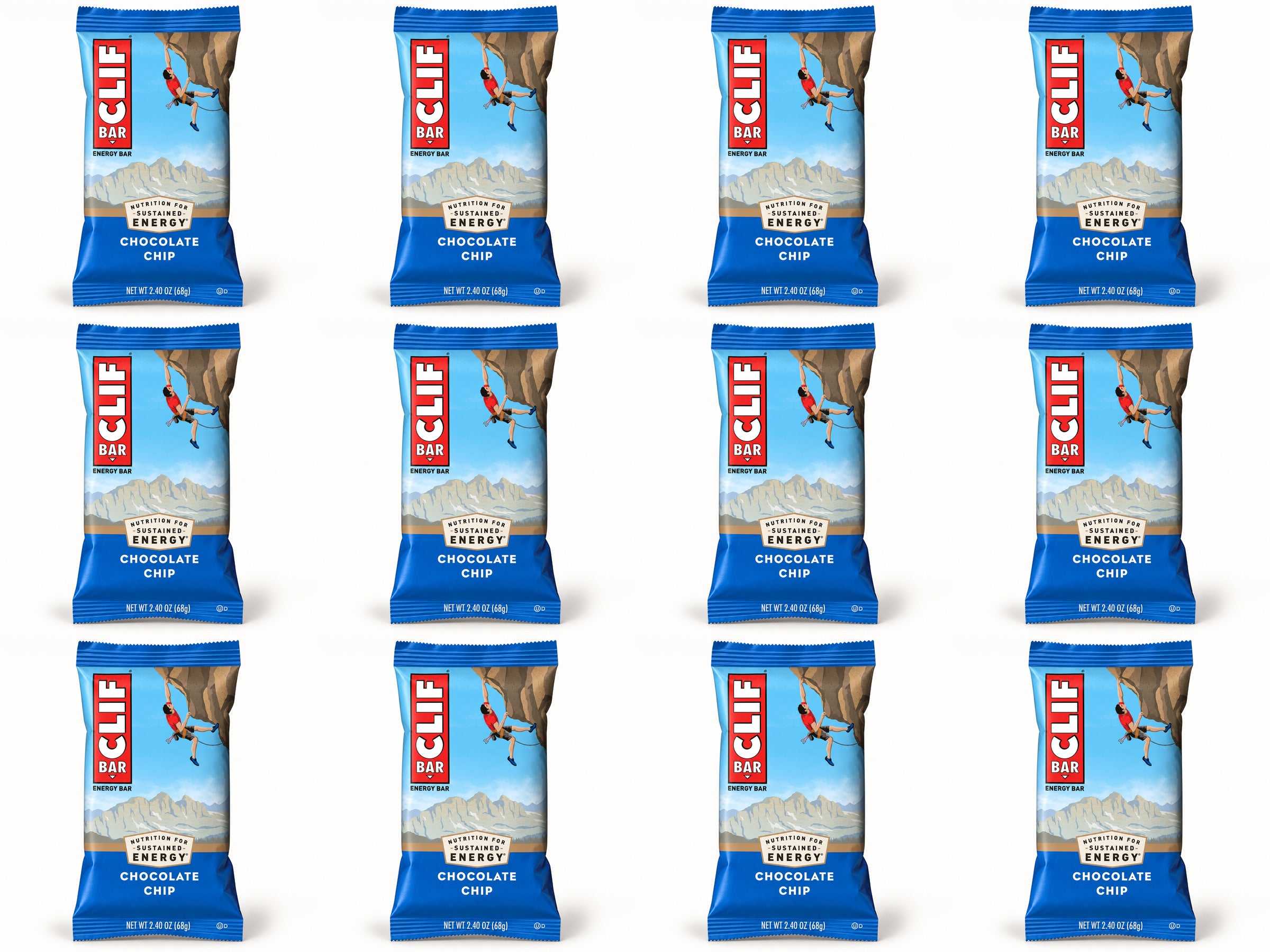 Twelve CLIF Chocolate Chip bars, arranged in four columns and three rows.