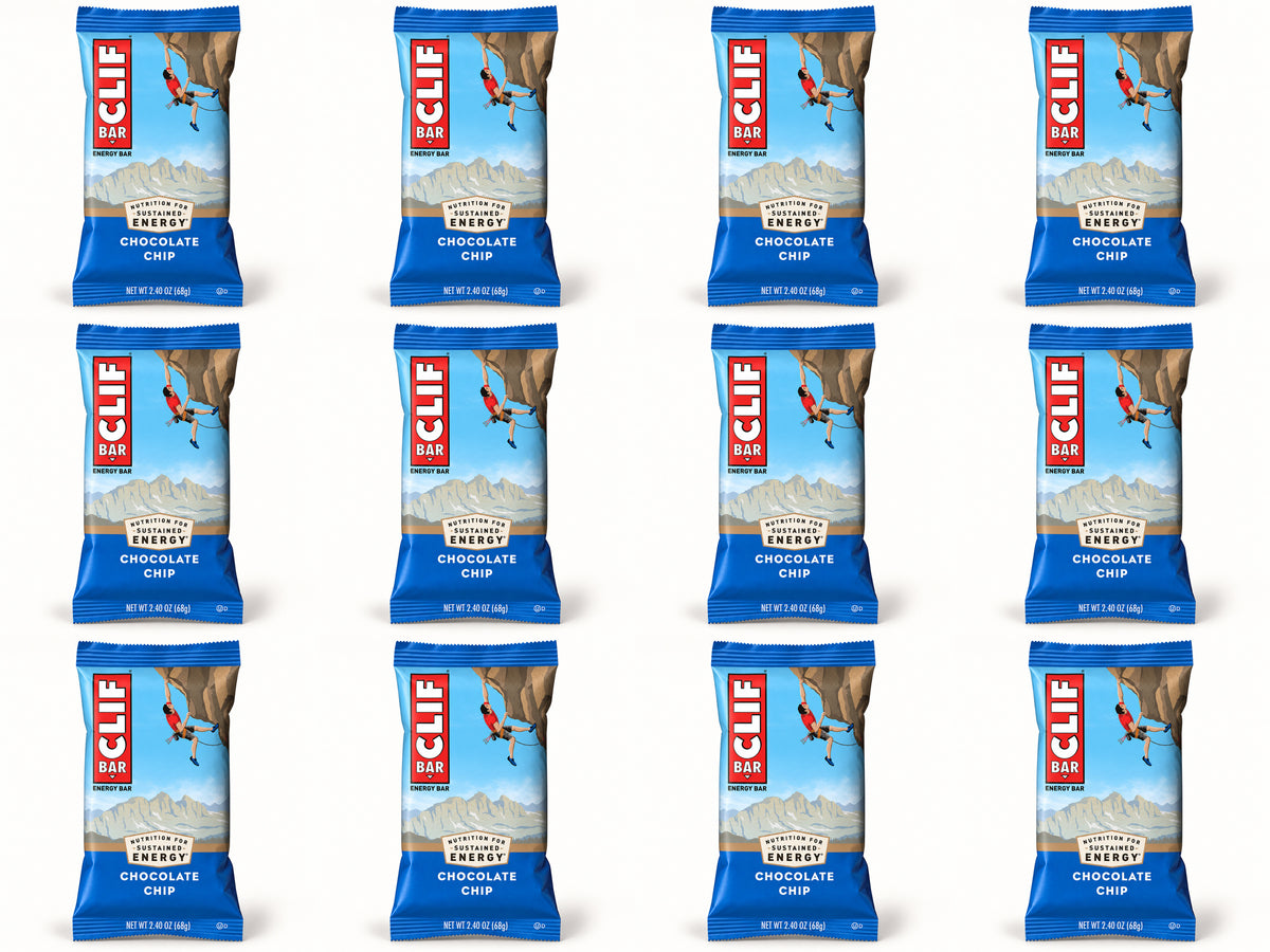 Twelve CLIF Chocolate Chip bars, arranged in four columns and three rows.