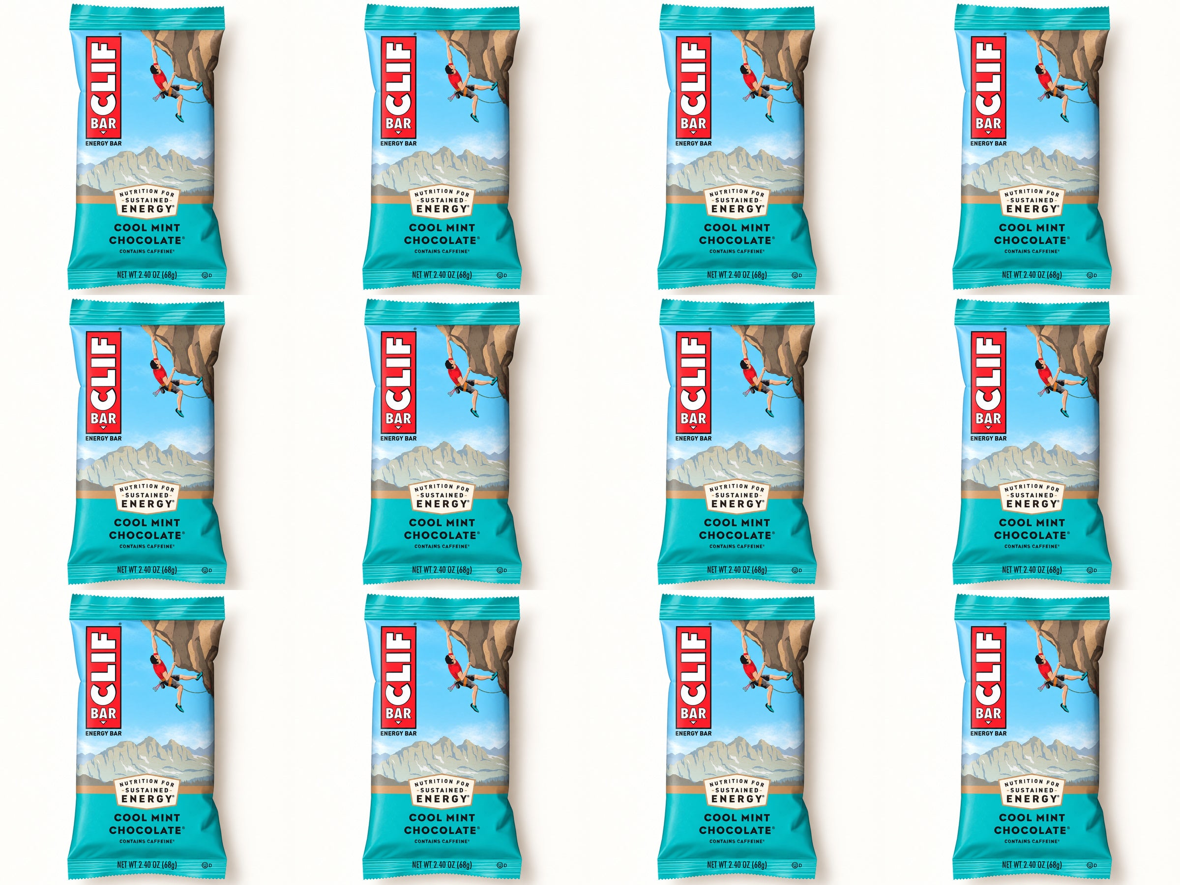 Twelve CLIF Cool Mint Chocolate bars, arranged in four columns and three rows.