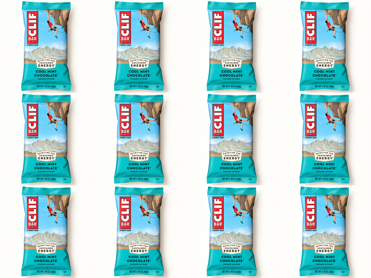 Twelve CLIF Cool Mint Chocolate bars, arranged in four columns and three rows.