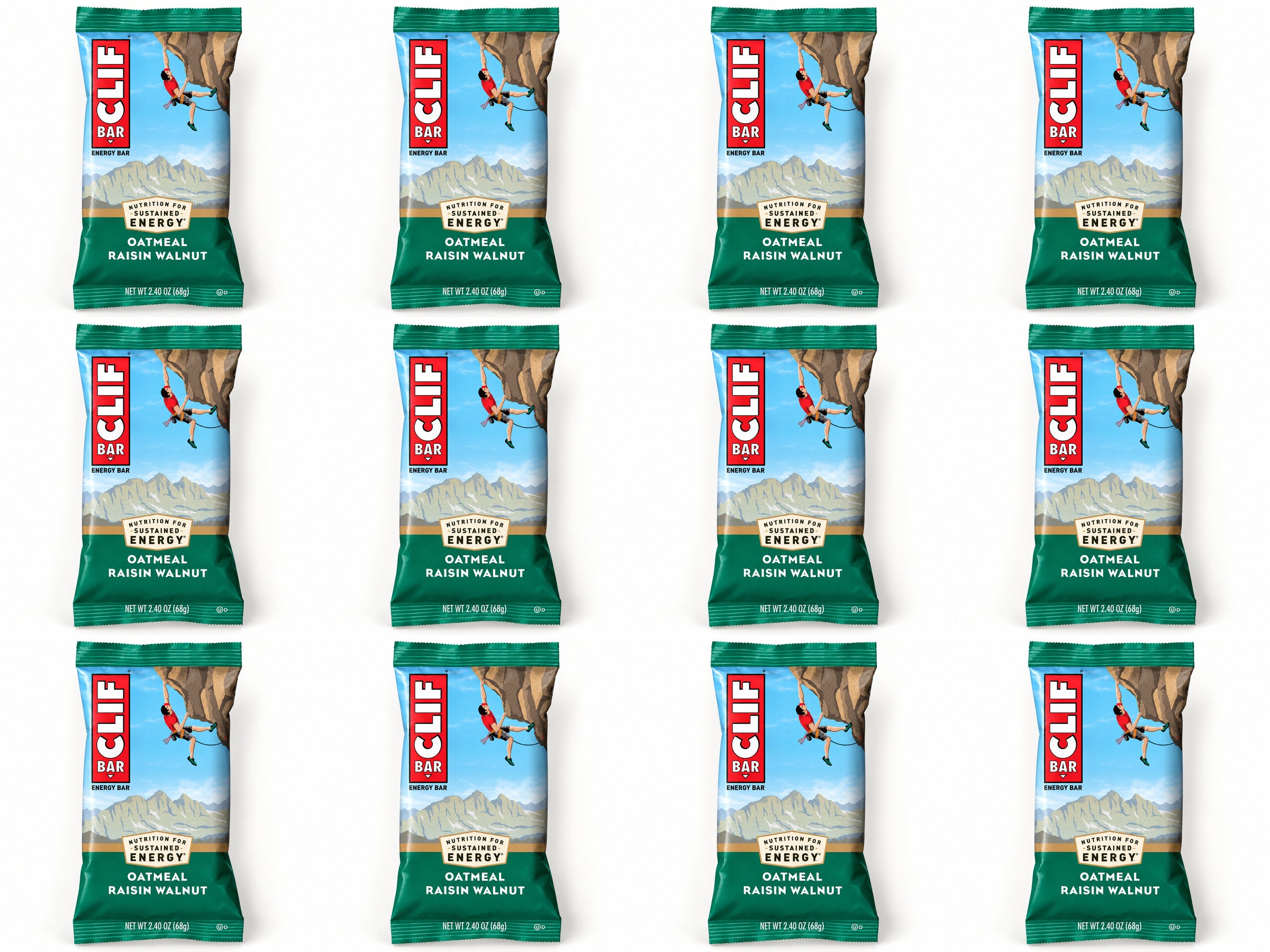 Twelve CLIF Oatmeal Raisin Walnut bars, arranged in four columns and three rows.