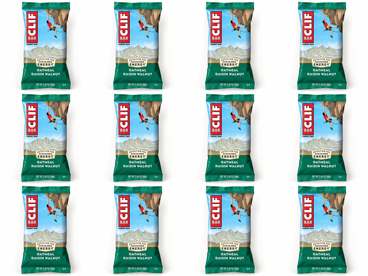 Twelve CLIF Oatmeal Raisin Walnut bars, arranged in four columns and three rows.