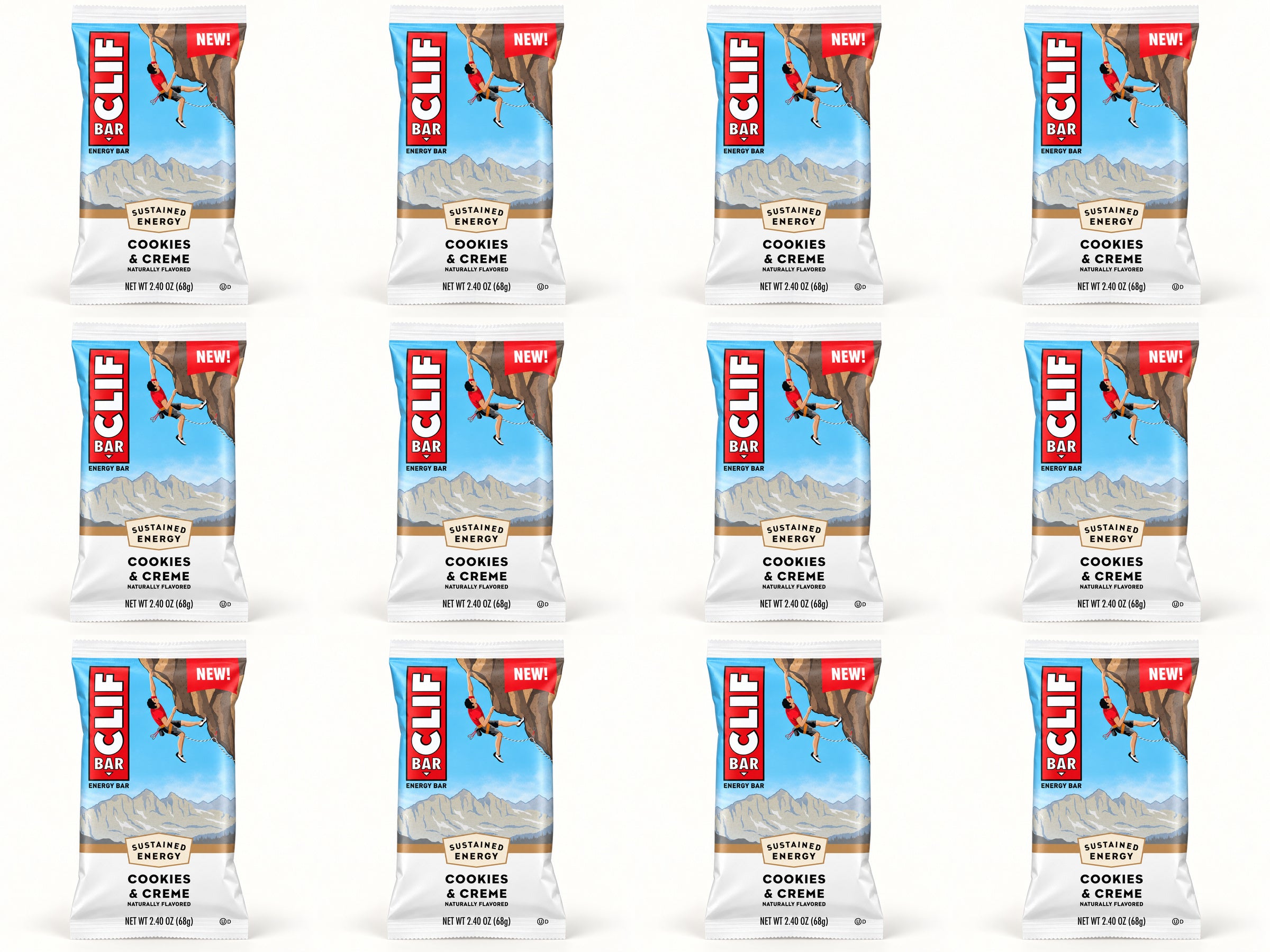 Twelve CLIF Cookies and Creme bars, arranged in four columns and three rows.