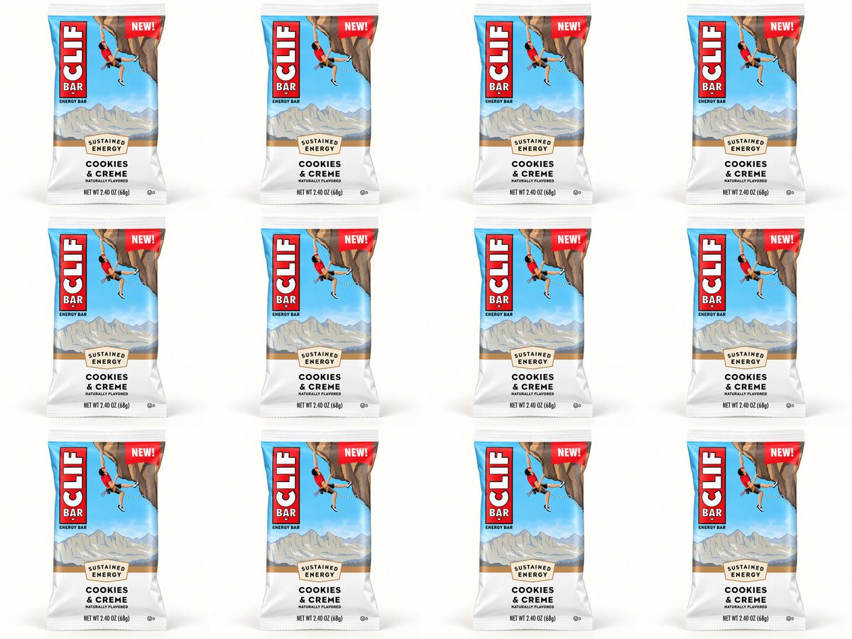 Twelve CLIF Cookies and Creme bars, arranged in four columns and three rows.