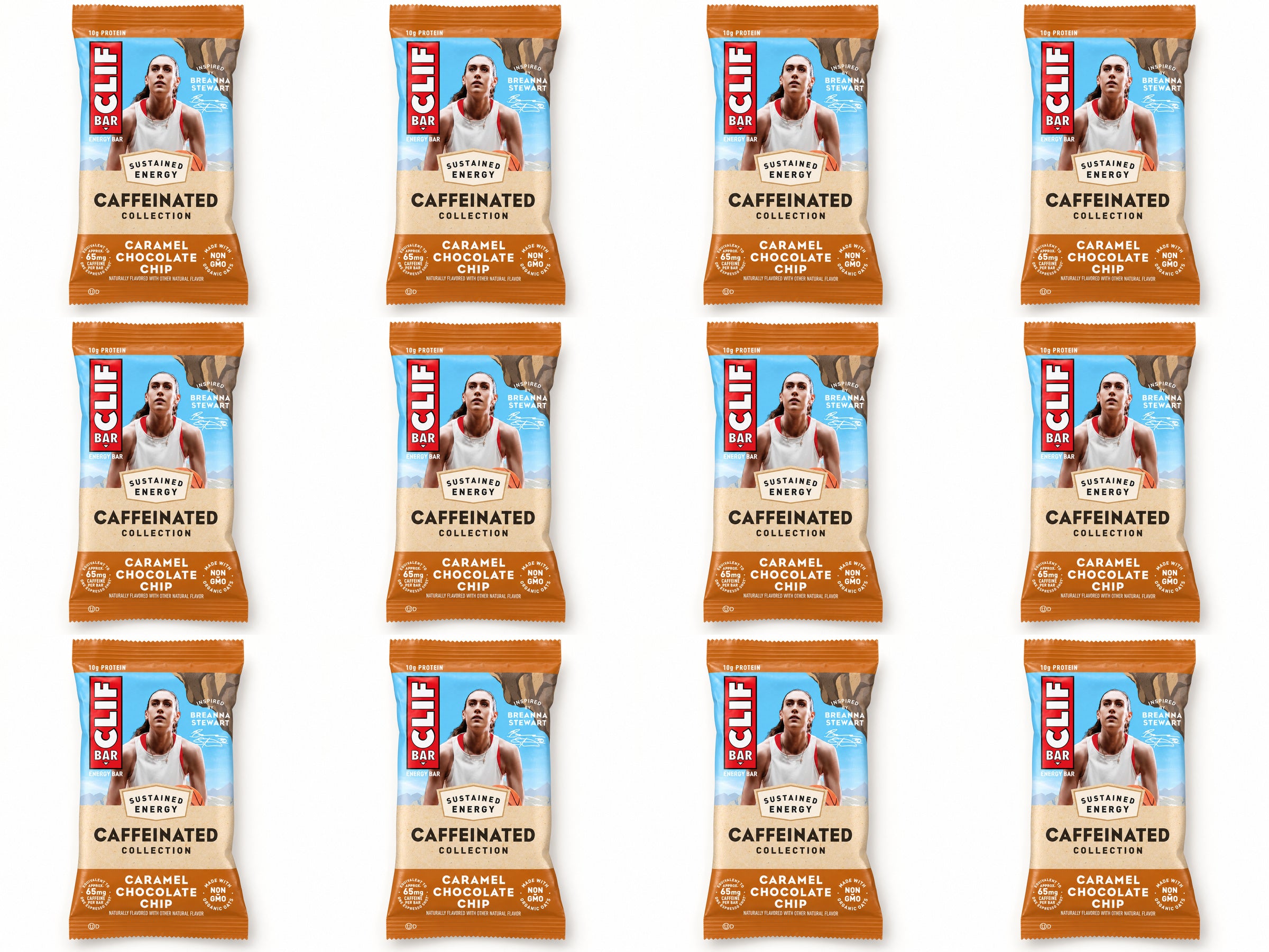 Twelve CLIF Caffeinated Caramel Chocolate Chip bars, arranged in four columns and three rows.