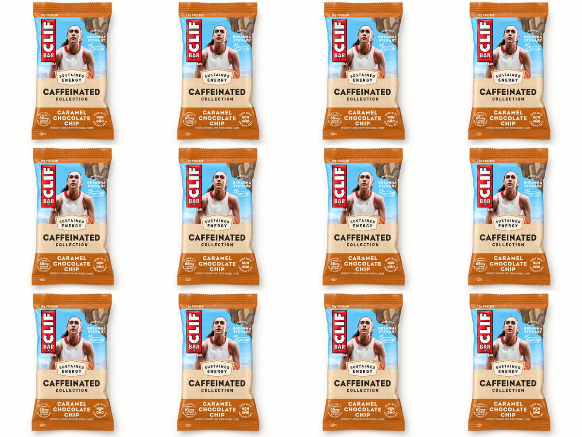 Twelve CLIF Caffeinated Caramel Chocolate Chip bars, arranged in four columns and three rows.