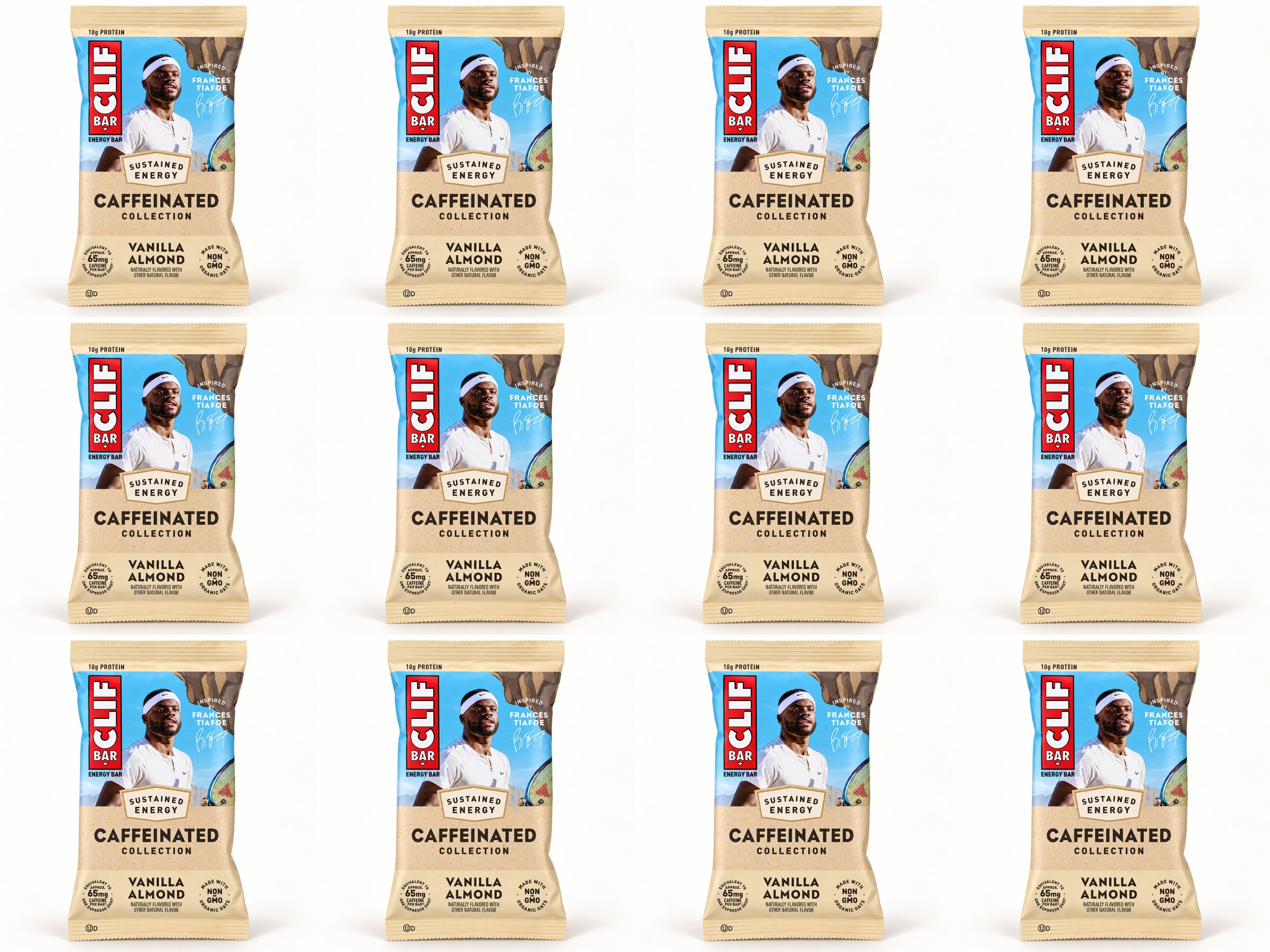 Twelve CLIF Caffeinated Vanilla Almond bars, arranged in four columns and three rows.