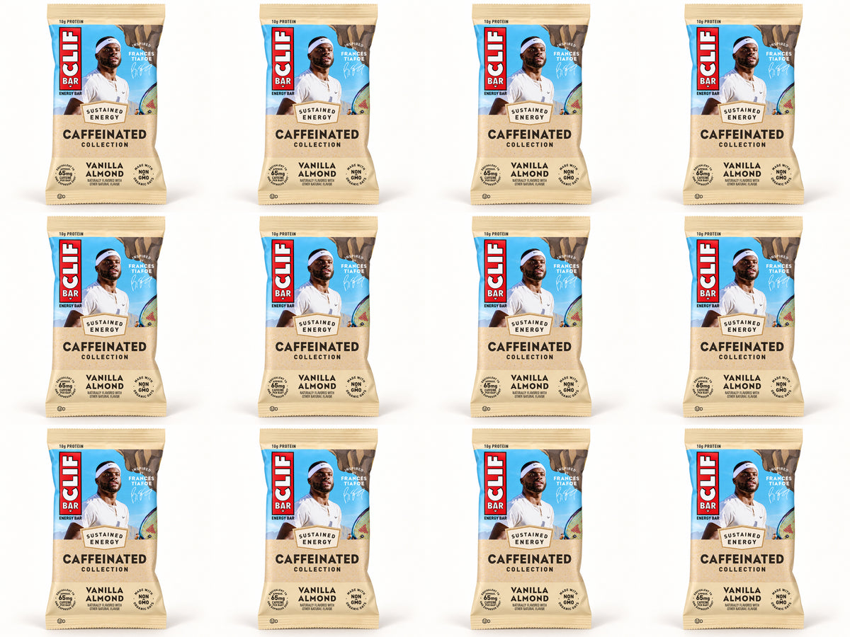 Twelve CLIF Caffeinated Vanilla Almond bars, arranged in four columns and three rows.