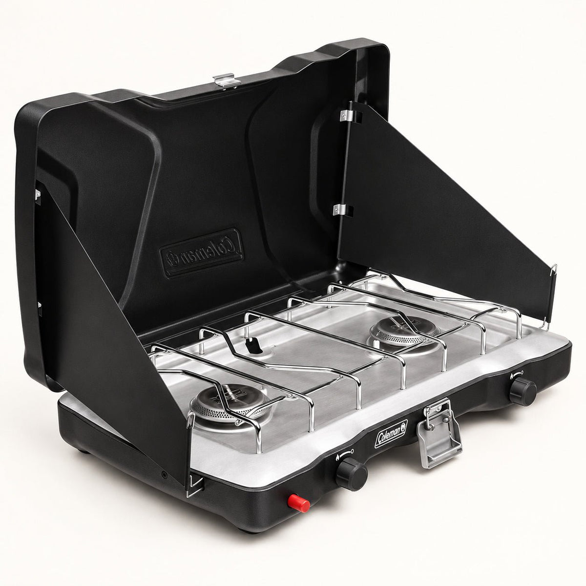 Open unlit Coleman Triton+ black two-burner propane stove