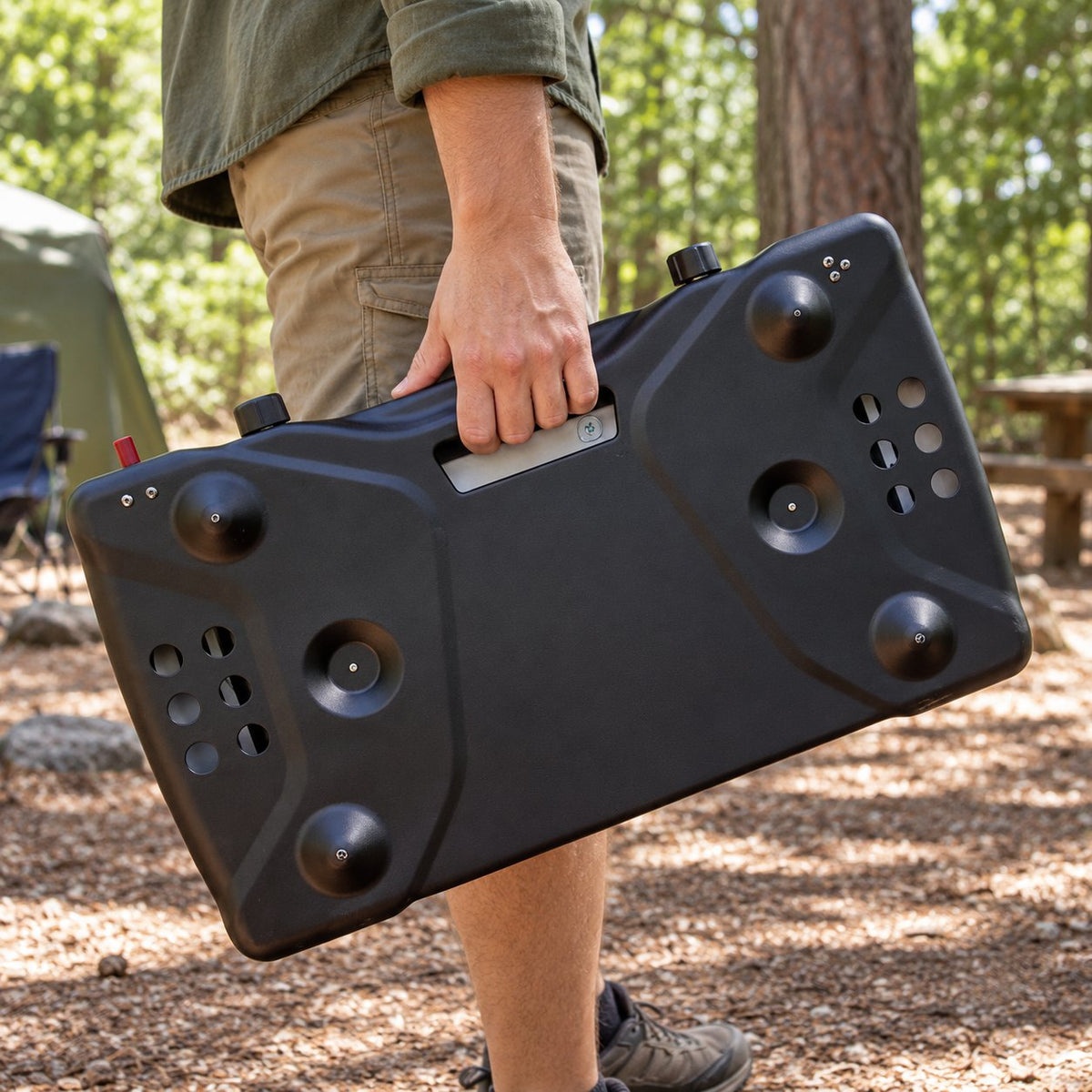 Person carrying the closed black Triton+ stove beside their leg at a wooded campsite, with its underside and integrated grip visible.